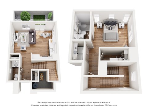 A 3D floor plan of a house with two bedrooms, a living room, a kitchen, and a bathroom.
